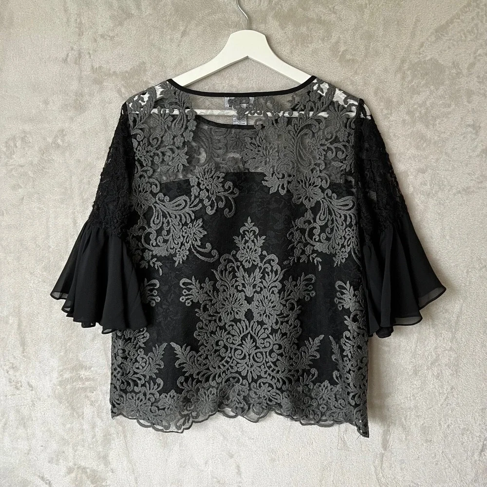 Carmen Marc Valvo Blouse Womens Medium Lace Overlay Half Bell Sleeve Goth Witchy - Picture 3 of 9